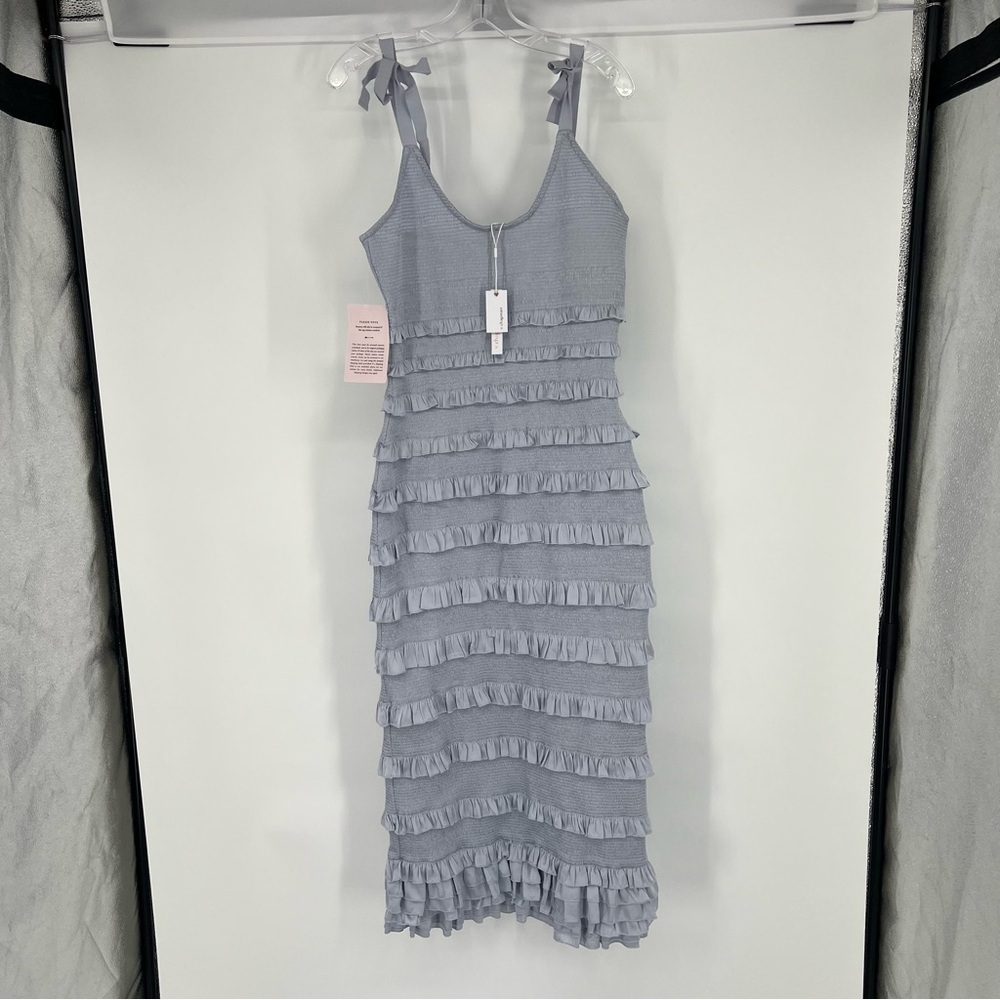 V. Chapman Lotus Ruffle Bodycon Tie Sleeve Midi Dress in Arctic Ice 10 NWT - Picture 2 of 9